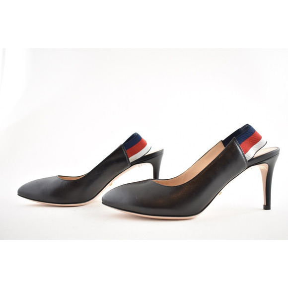 Gucci Sylvie 75 Black Leather Red Slingback Strap Sandal Mule Heel Pump 36.5 - Picture 10 of 12